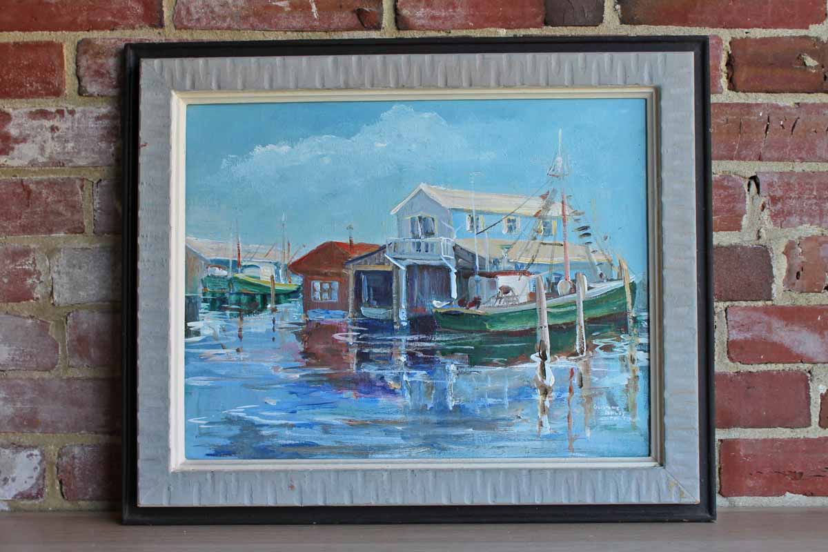 Signed Original Oil Painting of Fishing Boats at Cape May Harbor by Constance Lepley Poulterer