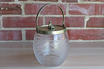 Biscuit Jar with Etched Glass and Brass Lid with Sitting Man Finial