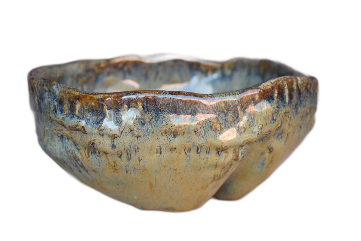 Primitive Handmade Stoneware Bowl with Organic Shape and Green and Gold Glazes