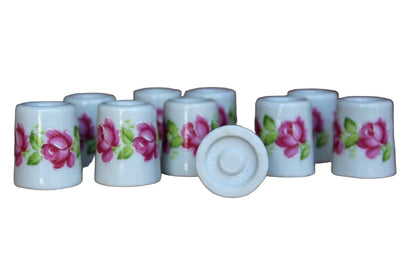 Miniature Ceramic Candle Holders handpainted with Pink Roses, Made in Germany, 10 Pieces