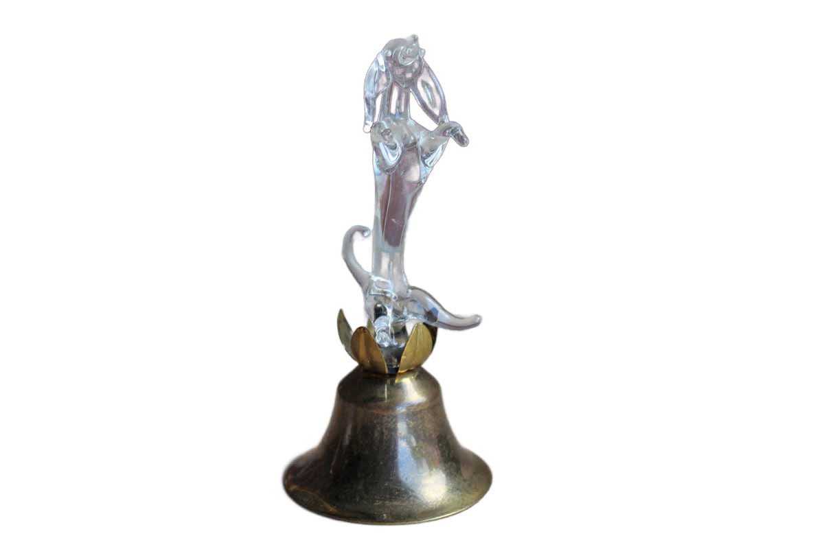 Glass Dachshund Figurine on a Brass Bell