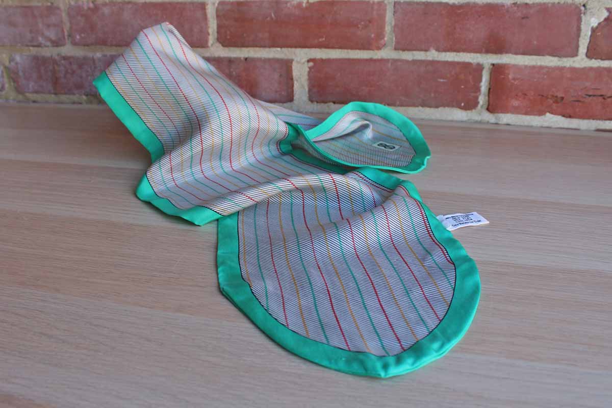 Bill Blass (USA) Colorful Striped Silk Neckerchief with Teal Border