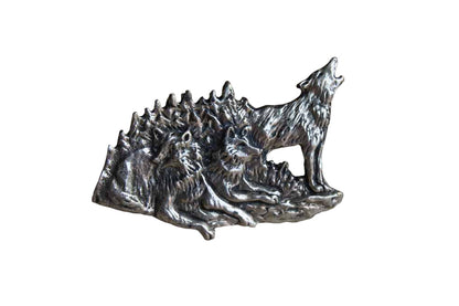 Silver Metal Brooch with Etched Rendering of a Howling Wolf with His Pack