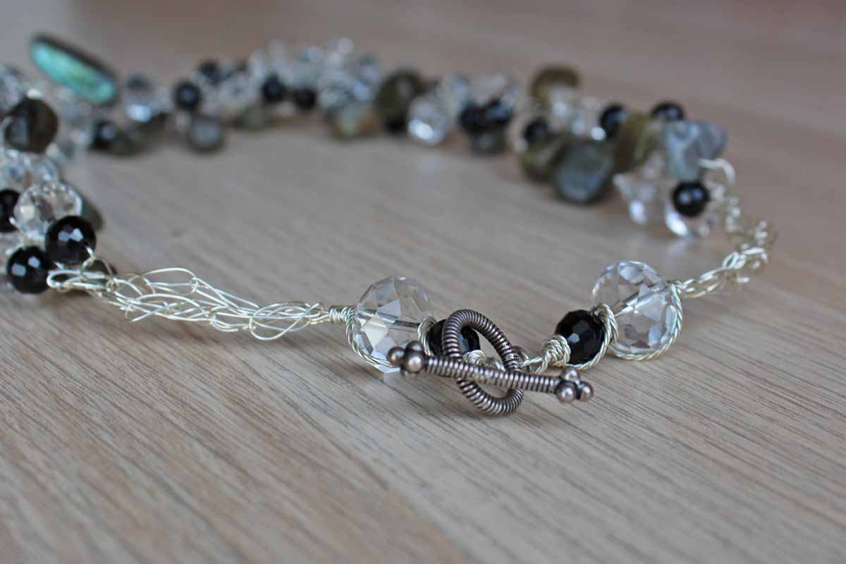 Beautiful Black and White Faceted Beads and Polished Green Mica Stones Set on Thin Wire