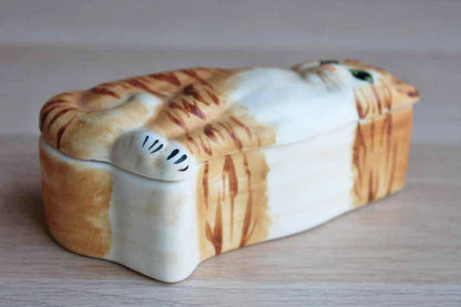 Carol Halmy Porcelain Tabby Cat Shaped Trinket Box