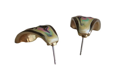Gold Tone Colorfully Painted Enameled Pierced Earrings with Gently Curving Form