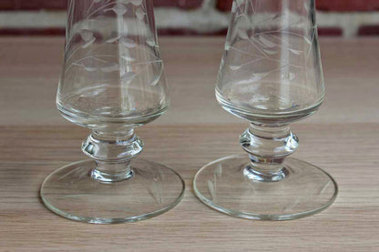 Clear Glass Pedestal Vases with Etched Flowers and Leaves, A Pair