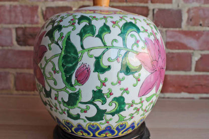 Squat Round Ceramic Table Lamp Decorated with Large Pink Flowers and Scrolling Green Leaves