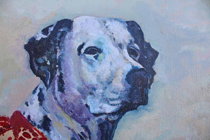 Original Framed and Signed Oil Painting of a Dalmatian Wearing a Red Bandana by Joan Promin, 1987