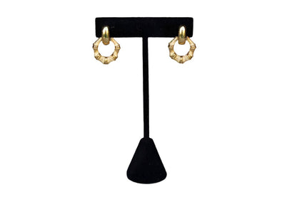 Gold Tone Faux Bamboo Pierced Drop Earrings with Smooth Gold Hinged Detail