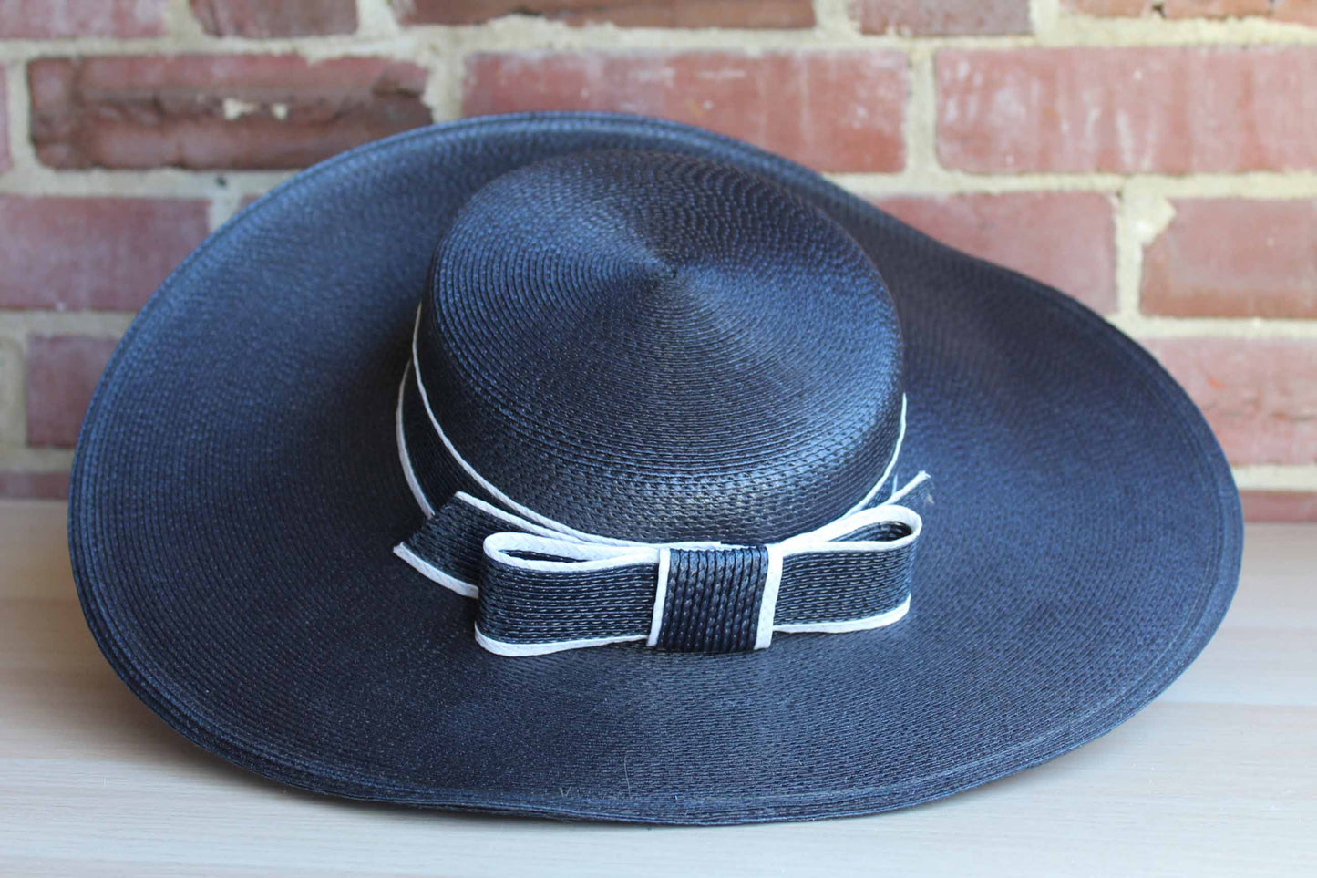 Designed by Sylvia (New York, St. Louis) Navy Blue Wide-Brimmed Straw Hat with Bow