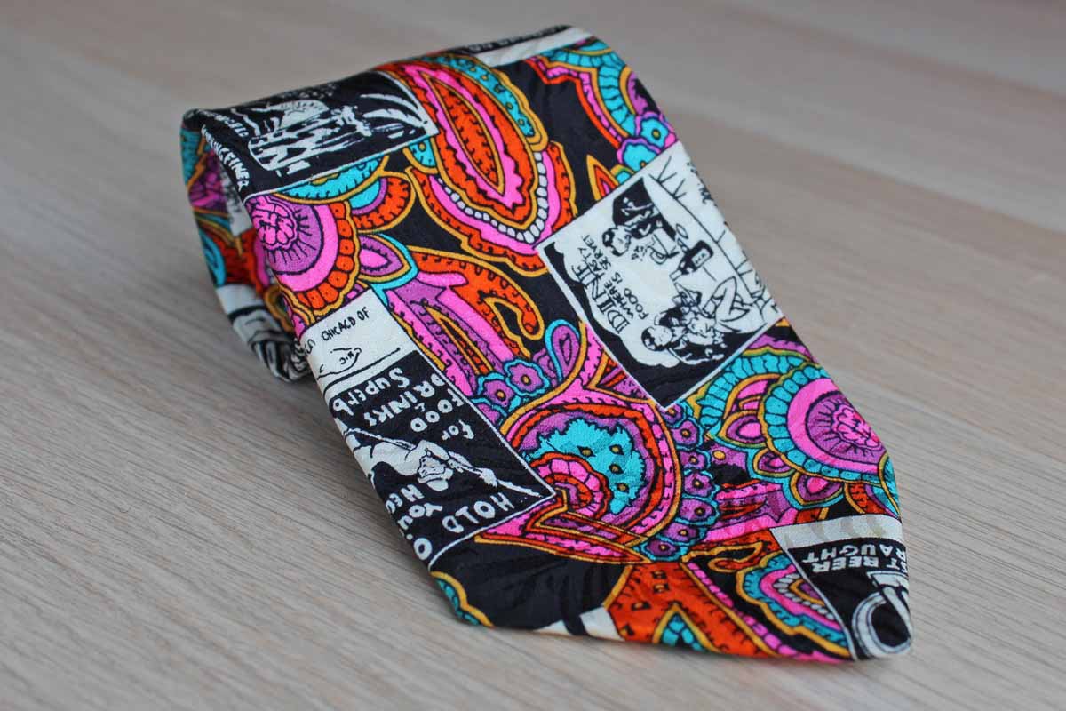 Papell Silk Necktie with Paisley and Drinking Themes Design