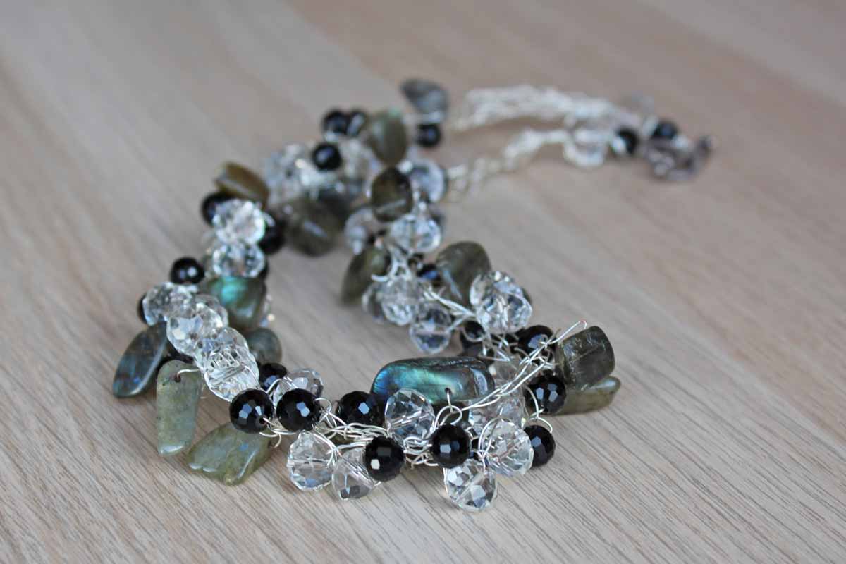 Beautiful Black and White Faceted Beads and Polished Green Mica Stones Set on Thin Wire