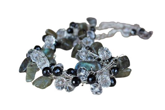Beautiful Black and White Faceted Beads and Polished Green Mica Stones Set on Thin Wire