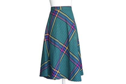 Sag Harbor Green, Blue, Black, Yellow, and Red Plaid and Checked Wool Blend Round Swingy Skirt