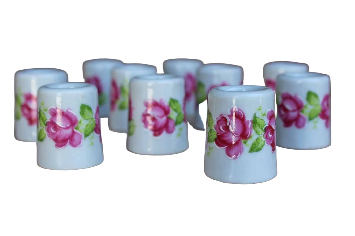 Miniature Ceramic Candle Holders handpainted with Pink Roses, Made in Germany, 10 Pieces