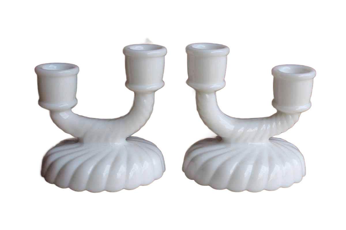 Imperial Glass Company (Ohio, USA) Newbound Milk Glass Double Light Candlestick, Set of 2