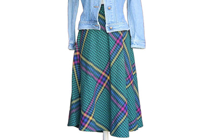 Sag Harbor Green, Blue, Black, Yellow, and Red Plaid and Checked Wool Blend Round Swingy Skirt