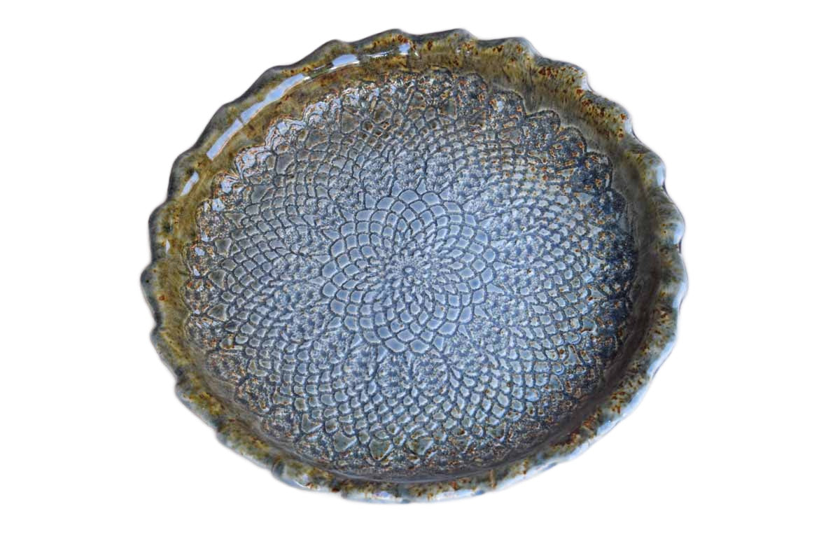 Stoneware Plate with Crimped Edge and Incised Flower Petal Patterns