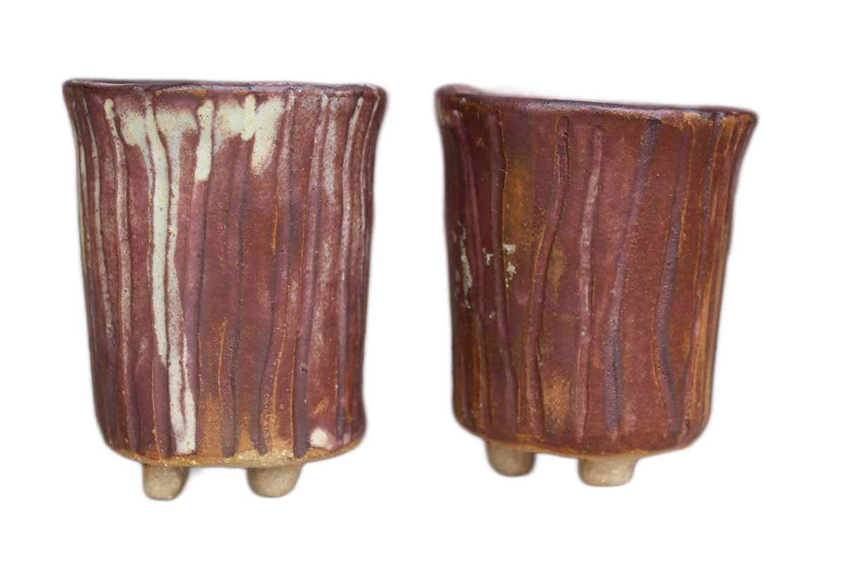 Handmade Primitive Ceramic Footed Containers, A Pair