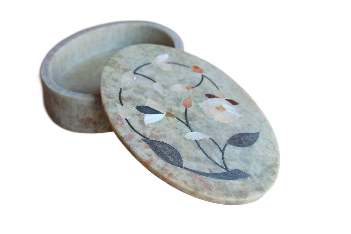 Carved Soapstone with Mother of Pearl Inlay Trinket Box