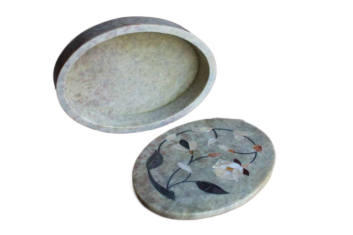 Carved Soapstone with Mother of Pearl Inlay Trinket Box