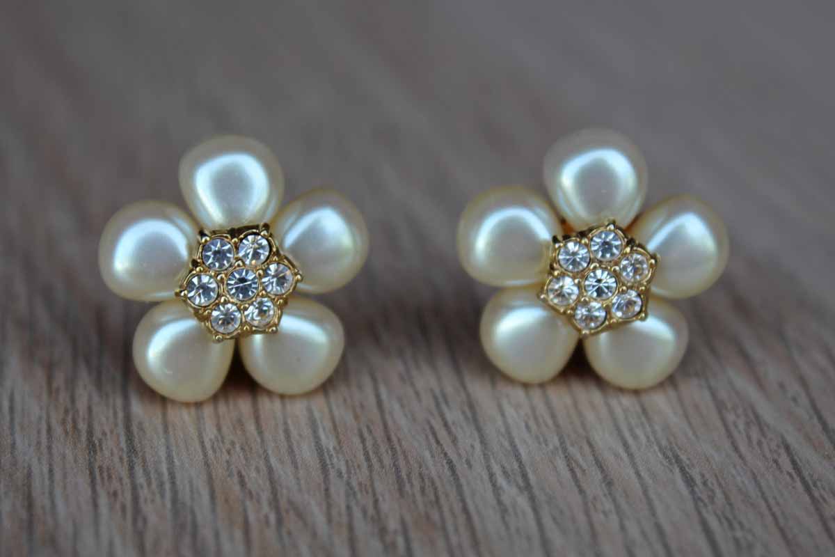Pierced Earrings with Faux Pearl Flower Petals and Silver Rhinestone Cluster Center