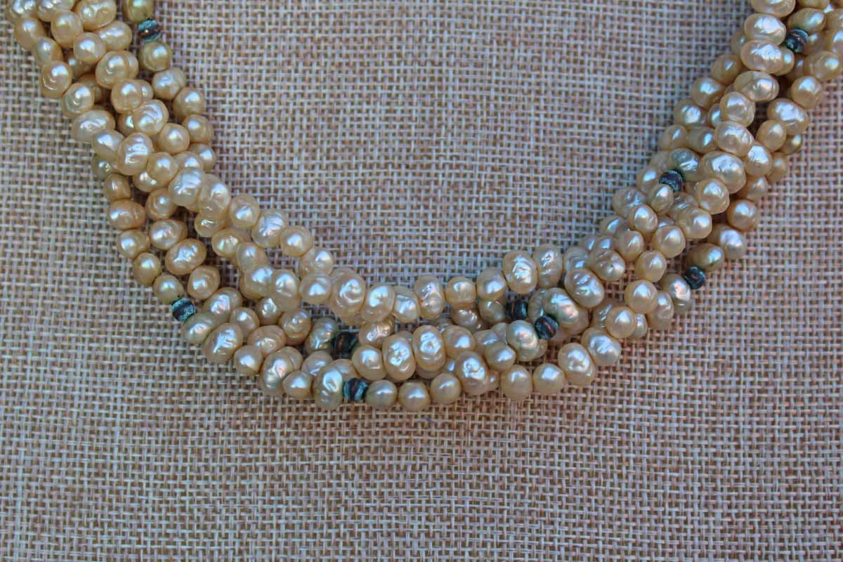 Les Bernard 5-Strand Pearl and Verdigris Bead Choker Necklace