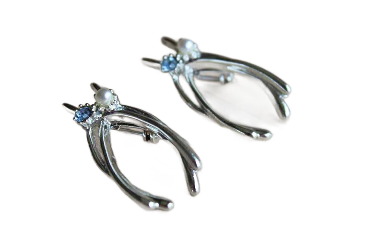 Silver Tone Double Wishbone Scatter Pins with Blue Rhinestones and Pearls, A Pair