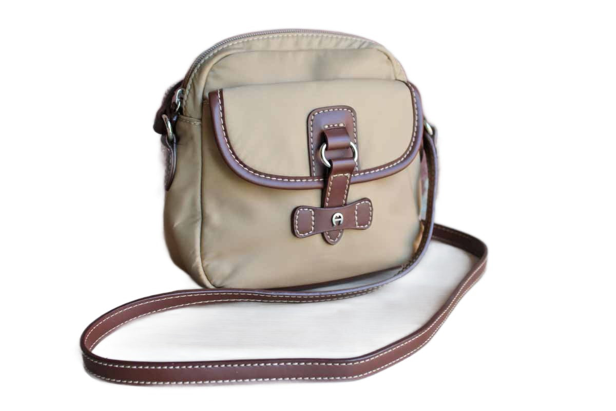 Etienne Aigner (New York, USA) Leather and Tan Nylon Small Crossbody Satchel