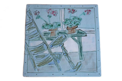 1993 Ceramic Tile Hand-Painted with Flowers and a Rocking Chair