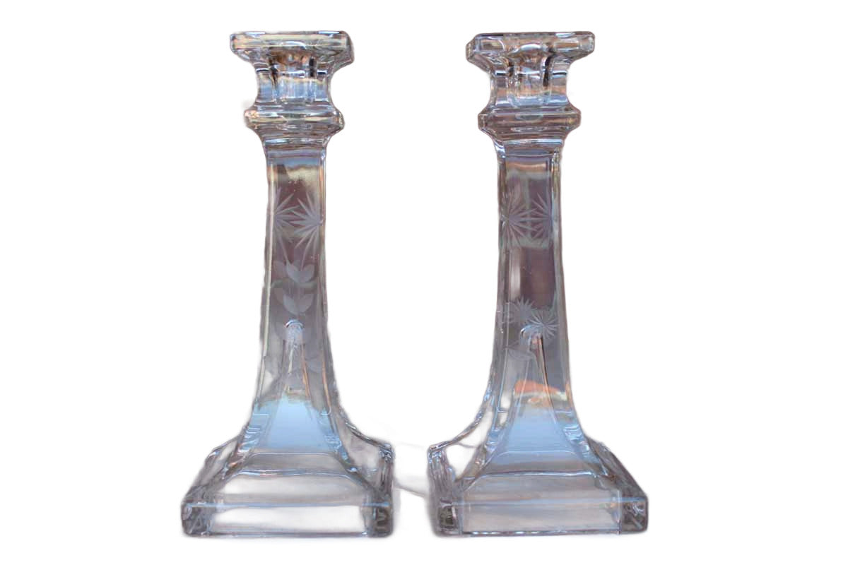 Clear Glass Candlesticks with Etched Floral Pattern, A Pair