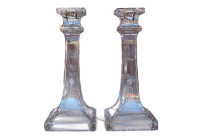 Clear Glass Candlesticks with Etched Floral Pattern, A Pair
