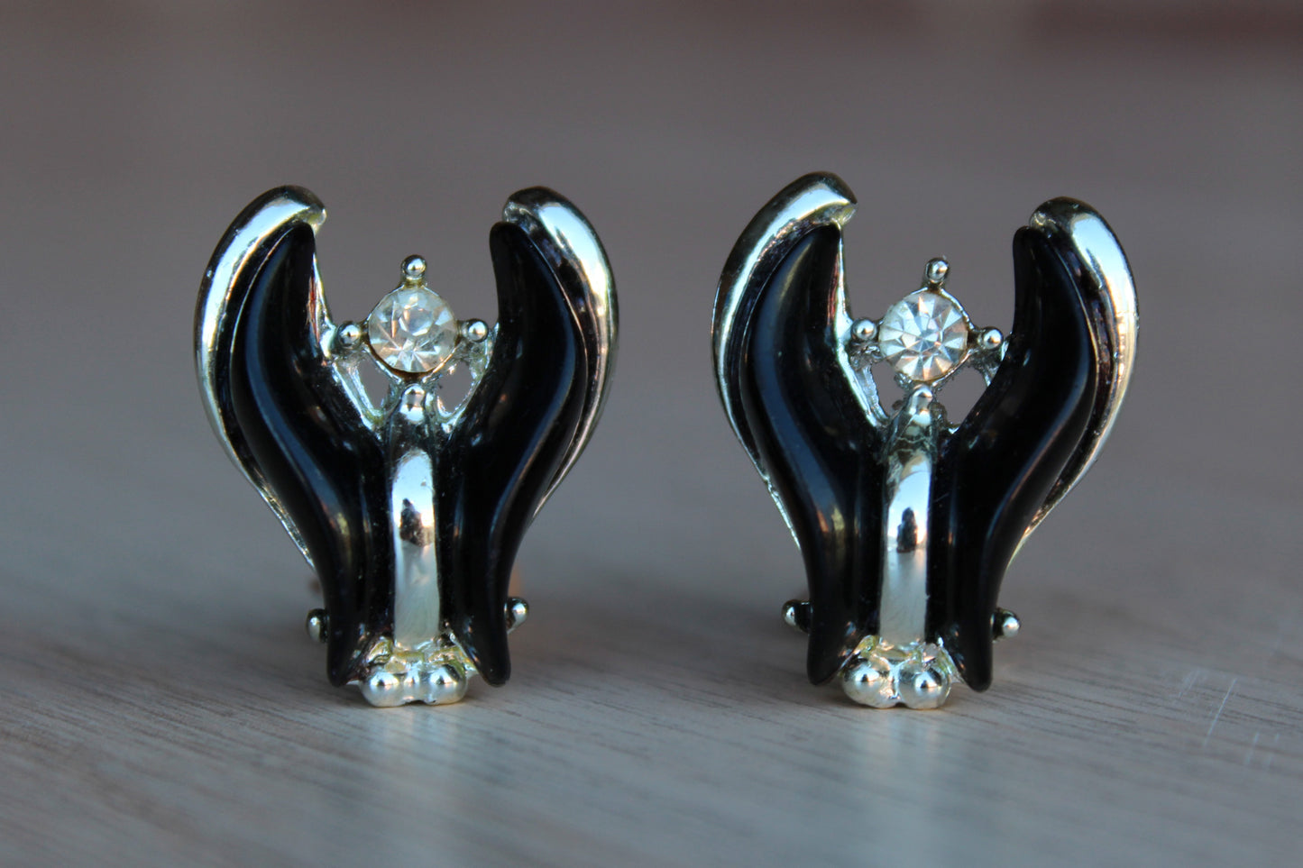 Black Plastic and Silver Rhinestone Non-Pierced Earrings