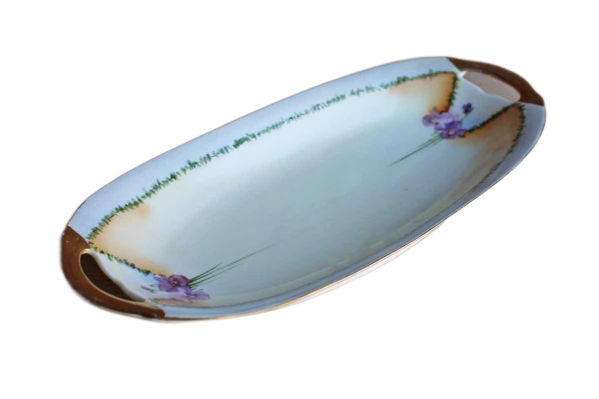 KPM China (Germany) Oval Porcelain Dish with Handpainted Flowers and Gilded Rim