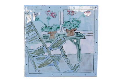 1993 Ceramic Tile Hand-Painted with Flowers and a Rocking Chair
