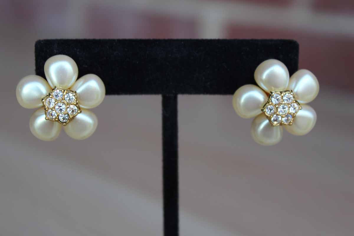 Pierced Earrings with Faux Pearl Flower Petals and Silver Rhinestone Cluster Center
