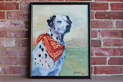 Original Framed and Signed Oil Painting of a Dalmatian Wearing a Red Bandana by Joan Promin, 1987