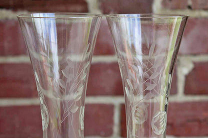 Clear Glass Pedestal Vases with Etched Flowers and Leaves, A Pair