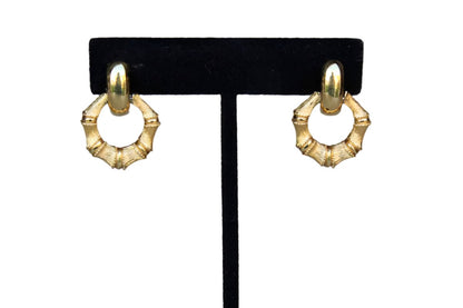 Gold Tone Faux Bamboo Pierced Drop Earrings with Smooth Gold Hinged Detail