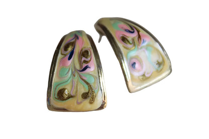 Gold Tone Colorfully Painted Enameled Pierced Earrings with Gently Curving Form