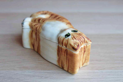 Carol Halmy Porcelain Tabby Cat Shaped Trinket Box