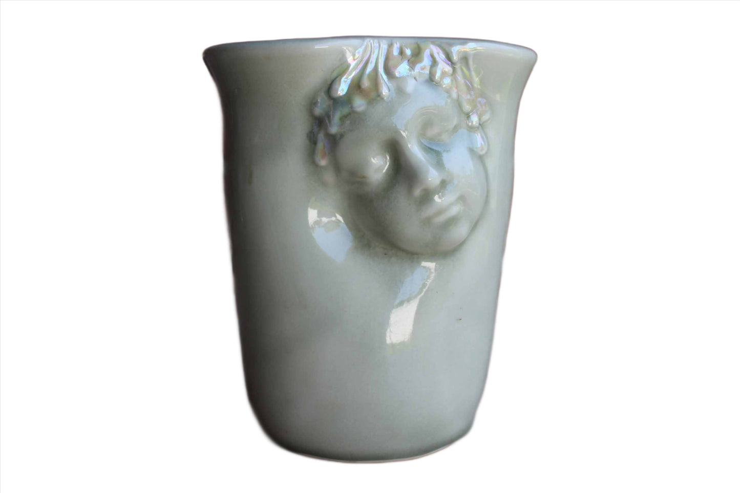 Handmade Stoneware Vase with Restful Face with Iridescent Glaze