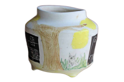 Handmade Ceramic Cachepot Decorated with Colorful Primitive Nature Designs