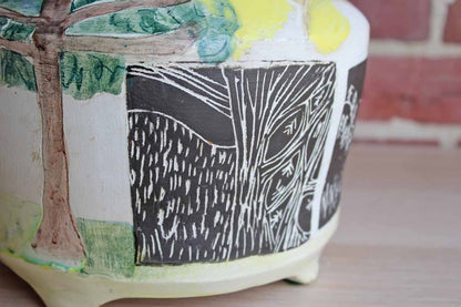 Handmade Ceramic Cachepot Decorated with Colorful Primitive Nature Designs