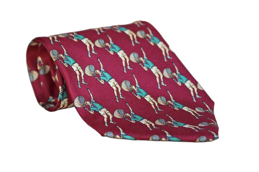 Bally (Switzerland) 100% Silk Necktie Decorated with a Tennis Player in Mid-Serve