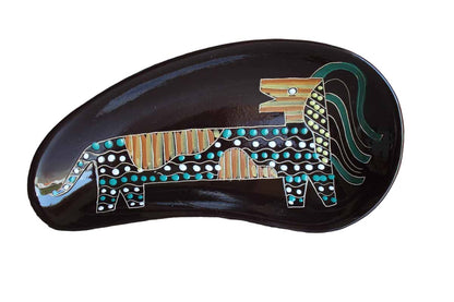 Large Bean-Shaped Glossy Brown Dish with Hand-Painted Abstract Lion Design