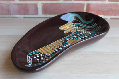 Large Bean-Shaped Glossy Brown Dish with Hand-Painted Abstract Lion Design