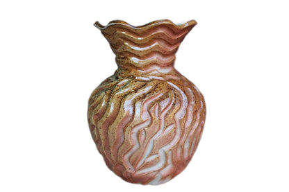 Heavy Stoneware Flower Vase with Deep Wavelike Impressions and Turquoise Interior