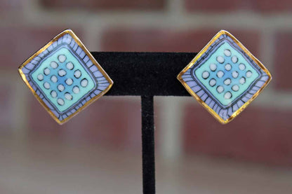 Handmade Ceramic Earrings with Blue and Purple Dots and Stripes and Gilded Edge